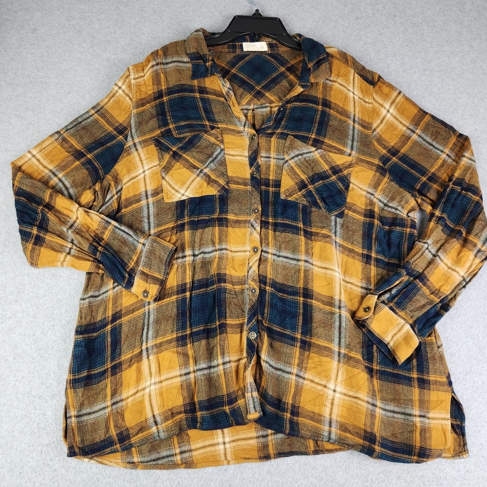 Maurices Tunic Shirt Womens 2 Yellow Blue Plaid Relaxed Fit Rayon Button Up